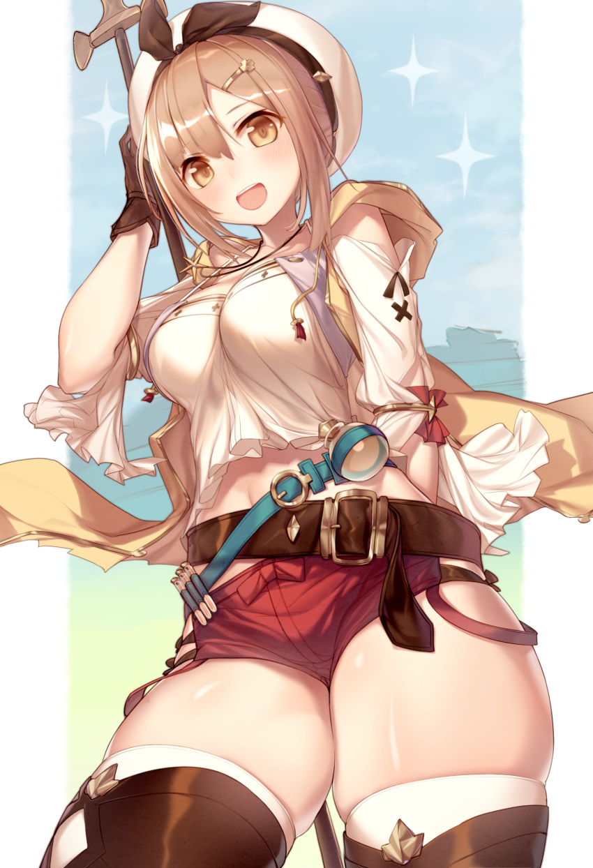 1girl absurdres atelier_(series) atelier_ryza belt blush breasts brown_eyes brown_gloves brown_hair brown_legwear cleavage commentary_request doyou_tengoku_pikaraji eyebrows_visible_through_hair gloves hair_ornament hairclip hat highres jewelry looking_at_viewer medium_breasts midriff navel necklace red_shorts reisalin_stout revision short_hair short_shorts shorts single_glove solo star teeth thighhighs thighs upper_teeth white_headwear white_legwear