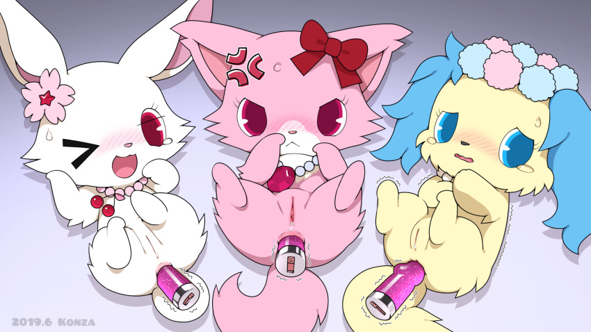 16:9 accessory anal anal_penetration angry anus blue_eyes blue_fur blush bodily_fluids canid canine canis chibi dildo domestic_cat domestic_dog embarrassed felid feline felis female flower flower_crown fluffy fluffy_ears fluffy_tail fur garnet_(jewelpet) genital_fluids hair_accessory hairclip hi_res jewelpet jewelry konzaburou lagomorph leporid long_ears looking_at_viewer mammal necklace one_eye_closed penetration pink_fur plant pussy pussy_juice rabbit red_eyes ribbons ruby_(jewelpet) sanrio sapphie sex_toy sweat tears vibrating_dildo vibrator white_fur wide_hips wink yellow_fur