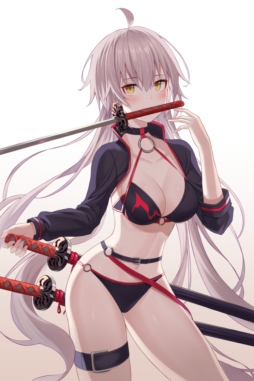 1girl absurdres ahoge backlighting belt bikini black_bikini breasts brown_eyes cleavage collarbone commentary_request cowboy_shot fate/grand_order fate_(series) floating_hair halterneck hand_up highres jeanne_d'arc_(alter_swimsuit_berserker) jeanne_d'arc_(fate)_(all) katana leg_belt long_hair long_sleeves looking_at_viewer medium_breasts mouth_hold multiple_swords navel niji_(rudduf232) sheath sheathed shrug_(clothing) silver_hair simple_background solo standing stomach swimsuit sword thighs very_long_hair weapon white_background