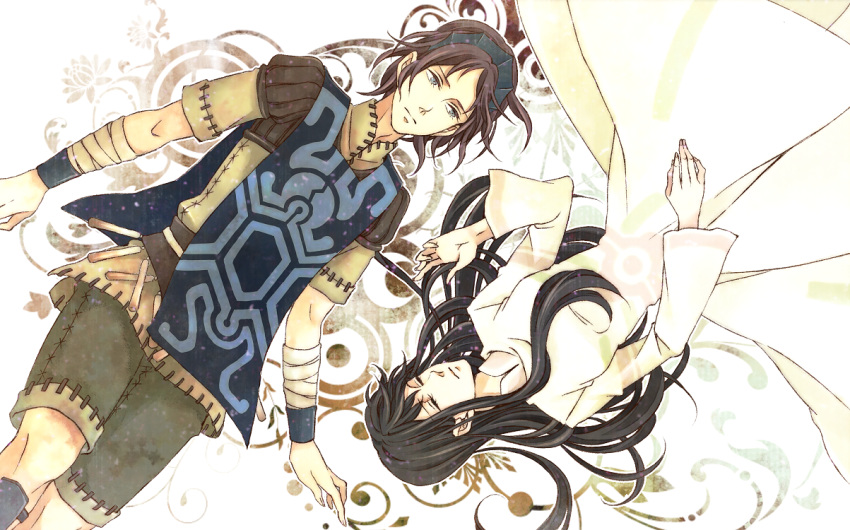1boy 1girl bandages black_hair blue_eyes breasts closed_eyes closed_mouth commentary_request couple dress headband hetero inahachi long_hair long_sleeves lying mono poncho red_hair shadow_of_the_colossus short_hair shorts surcoat wander white_dress