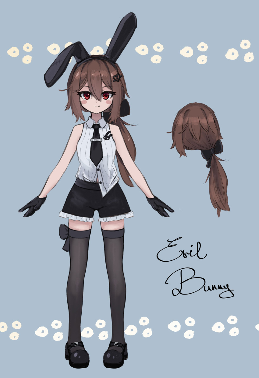 1girl absurdres alternate_costume alternate_hairstyle animal_ear_hairband animal_ears bare_arms bare_shoulders black_bow black_gloves black_hairband black_necktie black_shoes black_shorts black_thighhighs blue_background blush_stickers bow bow_legwear breasts broken_heart broken_heart_hair_ornament brooch brown_hair buckle buttons character_name closed_mouth collared_shirt commentary double-parted_bangs english_commentary english_text evil_neuro-sama fake_animal_ears fang fang_out frilled_shorts frills full_body gloves hair_bow hairband heart highres jewelry light_smile long_hair looking_at_viewer low_ponytail mary_janes necktie one_ear_down partially_unbuttoned pigeon-toed polka_dot ponytail rabbit_brooch rabbit_ear_hairband rabbit_ears red_eyes reference_sheet reivooon ribbed_shirt shirt shirt_partially_tucked_in shoe_buckle shoes short_shorts shorts side_ahoge sidelocks simple_background skin_fang sleeveless sleeveless_shirt small_breasts solo standing straight-on thighhighs tie_clip vedal_ai virtual_youtuber white_shirt wing_collar