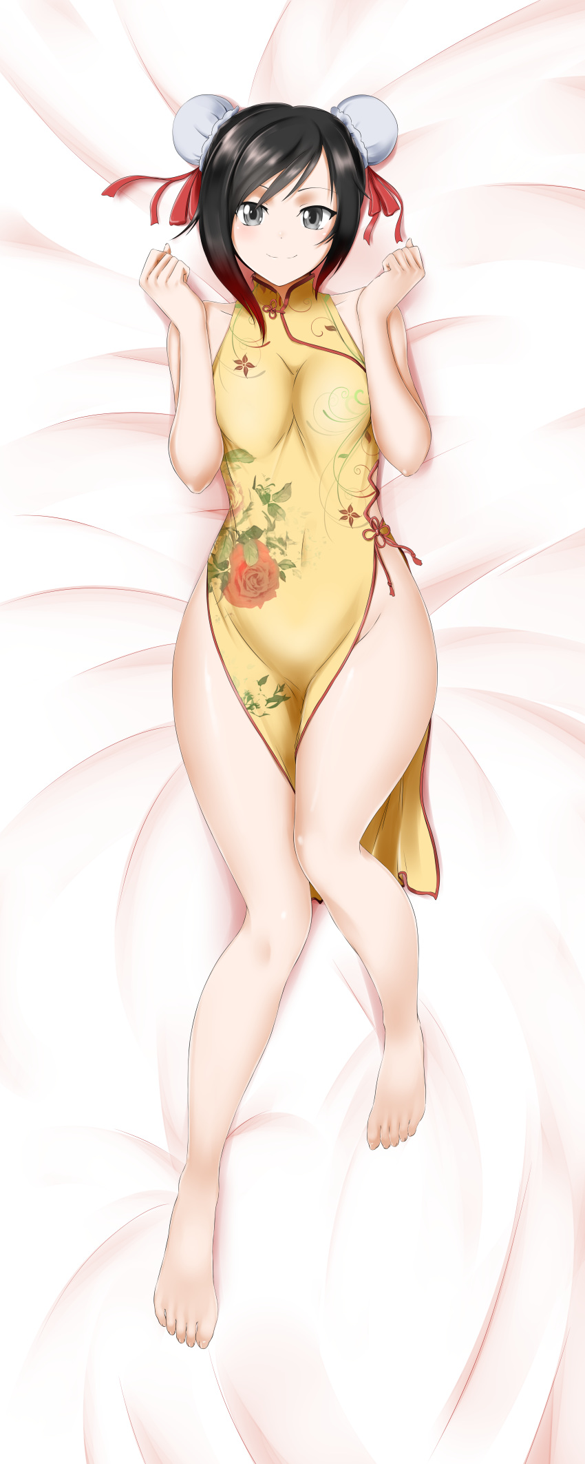 1girl absurdres alfred_cullado banned_artist bare_hips barefoot bed_sheet black_hair breast_squeeze breasts china_dress chinese_clothes dakimakura dress floral_print from_above full_body gradient_hair grey_eyes hair_between_eyes highres incredibly_absurdres looking_at_viewer lying medium_breasts multicolored_hair on_back on_bed paid_reward patreon_reward print_dress red_hair ruby_rose rwby shiny shiny_hair short_hair sleeveless sleeveless_dress smile solo two-tone_hair yellow_dress