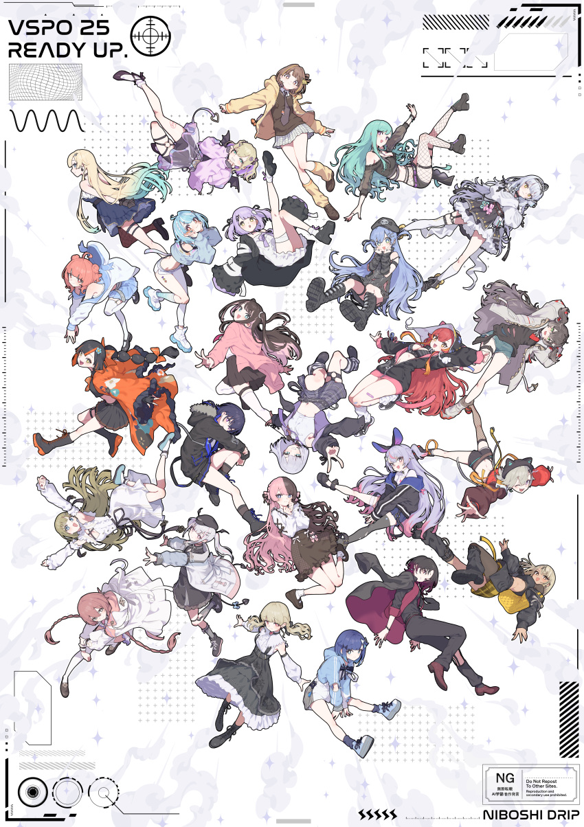 6+girls absurdres ahoge aizawa_ema aizawa_ema_(1st_costume) amayui_moka amayui_moka_(1st_costume) animal_ear_hairband animal_ears artist_name asumi_sena asumi_sena_(3rd_costume) asymmetrical_clothes asymmetrical_legwear bandaid bandaid_on_knee bandaid_on_leg bare_shoulders belt black_belt black_boots black_choker black_collar black_hair black_hat black_jacket black_nails black_shirt black_shoes black_skirt black_thighhighs black_wings blonde_hair blue_dress blue_eyes blue_hair blue_hoodie blue_jacket blue_skirt blue_socks blush boots bracelet braid breasts brown_hair brown_necktie brown_shoes brown_sweater character_request choker choya_hanabi choya_hanabi_(1st_costume) cleavage closed_mouth collar colored_tips commentary_request costume_request cropped_jacket cropped_shirt crossed_arms double_bun dress ear_piercing earrings everyone facial_mark fake_animal_ears fang fishnet_thighhighs fishnets flower full_body ghost_hair_ornament ginjo_saine gradient_hair green_eyes green_hair grey_hair grey_skirt grey_socks hair_bun hair_flower hair_ornament hair_tie hairband hat head_wings highres hood hoodie ichinose_uruha ichinose_uruha_(4th_costume) jacket jewelry kaga_nazuna kaga_nazuna_(2nd_costume) kaga_sumire kaga_sumire_(2nd_costume) long_hair long_sleeves looking_at_viewer looking_back medium_hair midriff mismatched_legwear mole mole_on_breast mole_under_eye multi-tied_hair multicolored_hair multiple_girls multiple_tails navel necktie niboshidrip one_eye_closed open_clothes open_jacket open_mouth orange_eyes orange_hair pants piercing pink_eyes pink_hair pink_hoodie purple_eyes purple_hair purple_necktie rabbit_hair_ornament red_eyes ring sendo_yuuhi sendo_yuuhi_(1st_costume) shinomiya_runa shinomiya_runa_(1st_costume) shiranami_ramune shiranami_ramune_(1st_costume) shirt shoes shorts single_pantsleg single_thighhigh sitting skirt sleeveless smile socks streaked_hair striped_clothes striped_socks sweater tail tatsumaki_chise teeth thigh_strap thighhighs torn_clothes torn_thighhighs tosaki_mimi tosaki_mimi_(1st_costume) tsumugi_kokage tsumugi_kokage_(1st_costume) two-tone_hair two_side_up uneven_legwear v virtual_youtuber vspo! watermark white_boots white_dress white_hair white_hoodie white_jacket white_pants white_shirt white_shorts white_socks white_thighhighs wings yano_kuromu yellow_eyes yellow_hoodie yellow_socks yumeno_akari