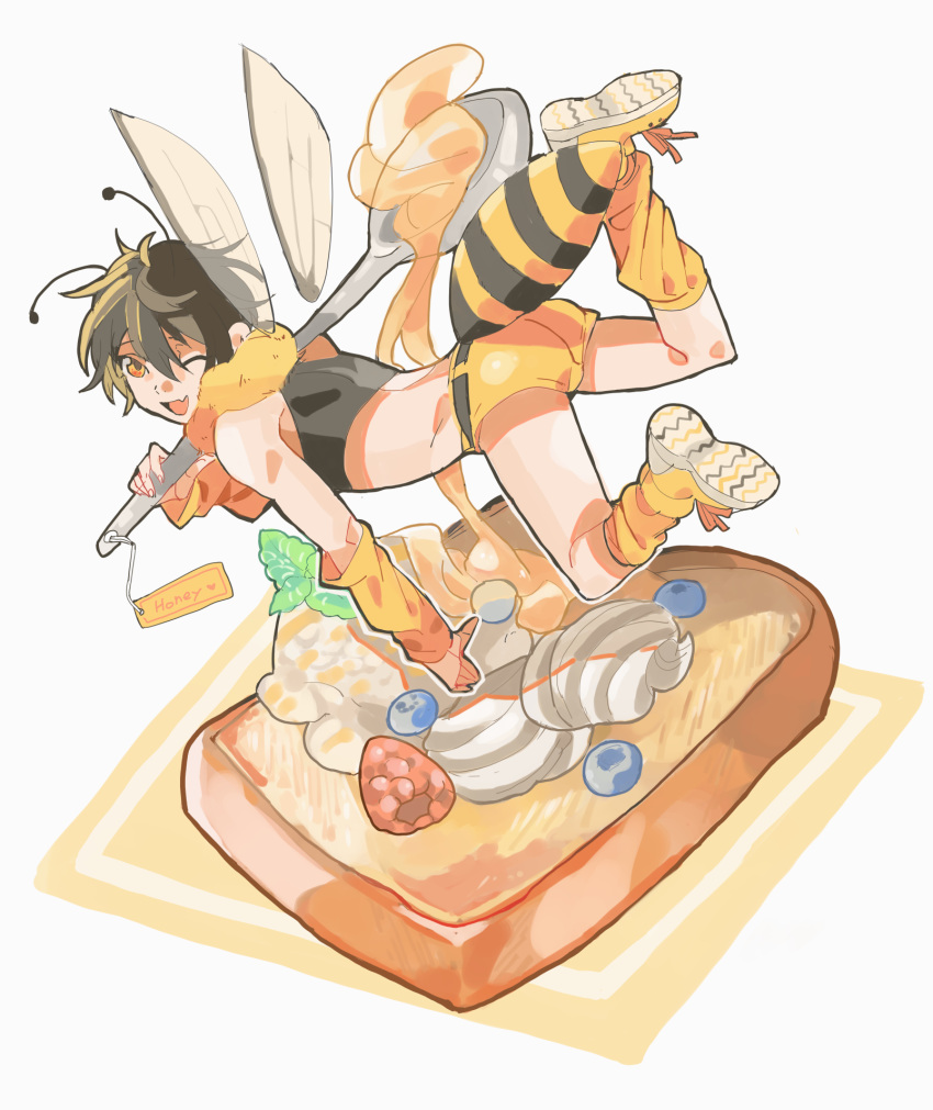 antennae ass bee_boy blueberry boots brown_hair fang food french_toast fruit highres honey hymkky3 insect_wings looking_at_viewer midriff one_eye_closed raspberry shorts simple_background skin_fang sleeveless smile spoon tank_top whipped_cream wings yellow_eyes yellow_footwear yellow_shorts