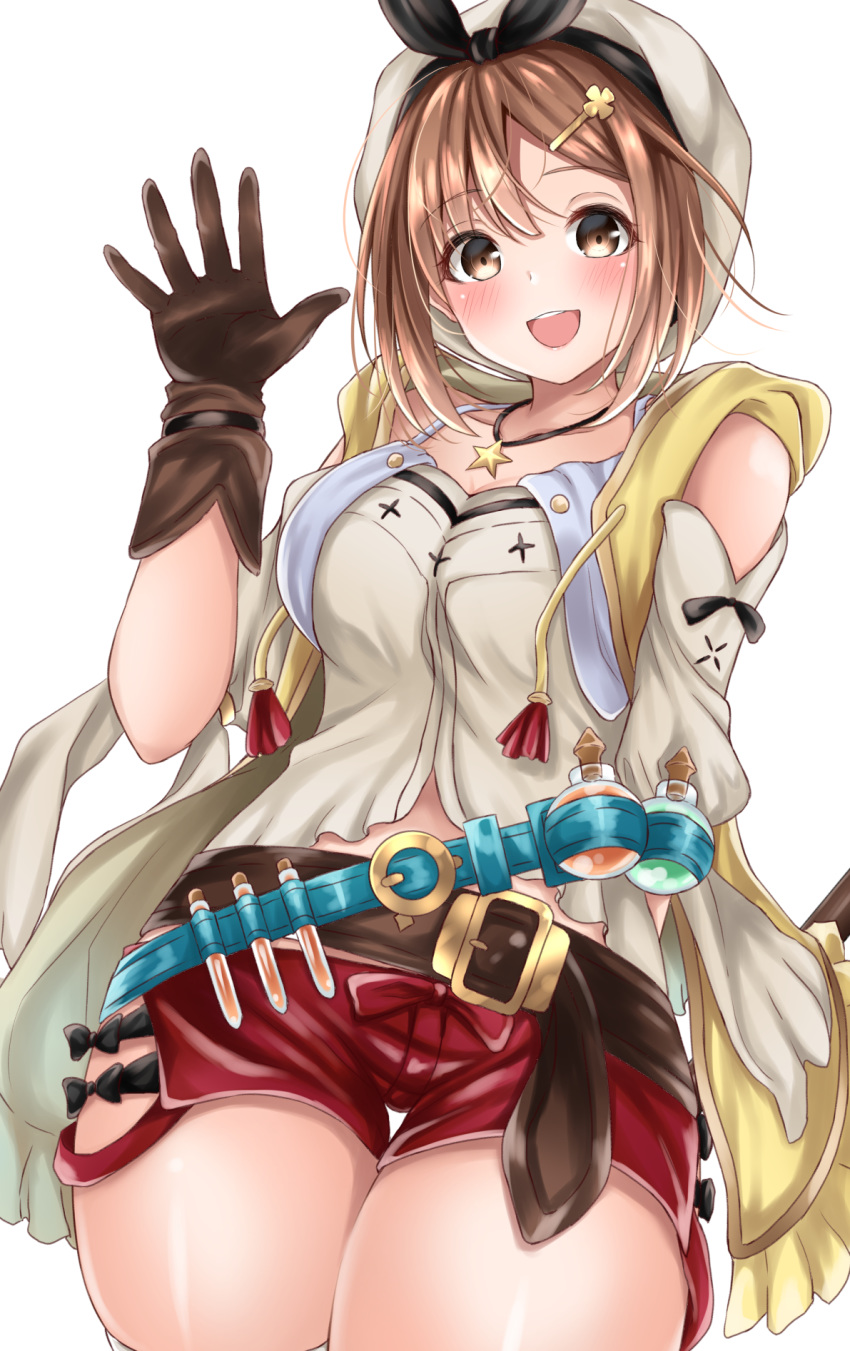 1girl :d atelier_(series) atelier_ryza belt blush breasts brown_eyes brown_gloves brown_hair cleavage eyebrows_visible_through_hair gloves hair_ornament hairclip hat highres jewelry looking_at_viewer nakaji_(user_snap3353) necklace open_mouth red_shorts reisalin_stout short_hair short_shorts shorts simple_background single_glove smile solo star teeth thigh_gap thighs upper_teeth white_background white_headwear