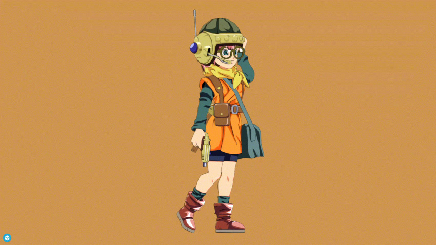 1girl 3d 3d_(artwork) animated antenna atsushi_tamaki bag blue_eyes brown_hair chrono_trigger clothed clothing female female_focus glasses gun hair hand_bag hand_on_head helmet holding holding_gun holding_weapon human looking_at_viewer lucca_ashtear pants scarf shoes smile solo solo_focus spats square_enix strap turntable video_games