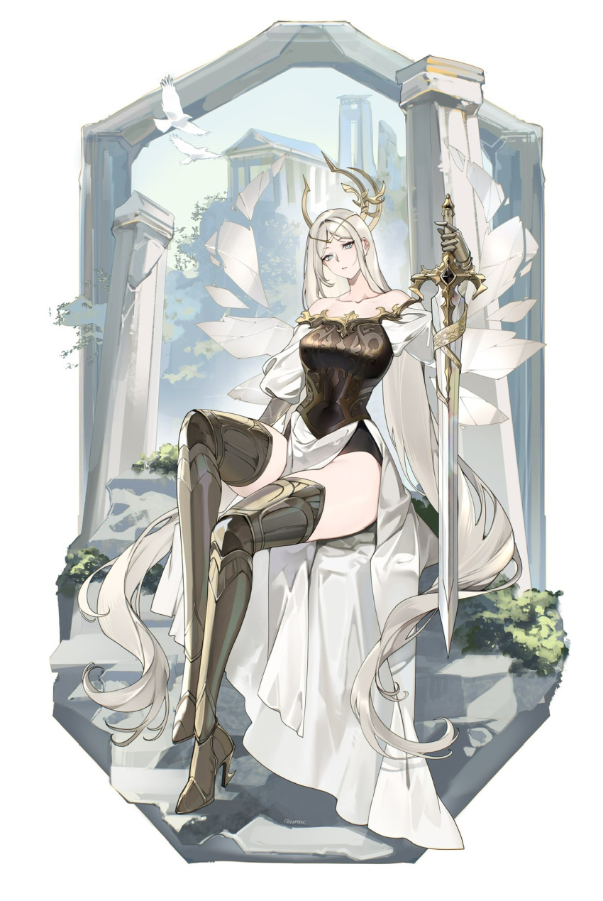 1girl armored_boots bare_shoulders bird boots character_request closed_mouth collarbone copyright_request dove gauntlets grey_eyes halo high_heel_boots high_heels highres holding holding_sword holding_weapon long_hair sakichka sitting solo sword thigh_boots twitter_username weapon