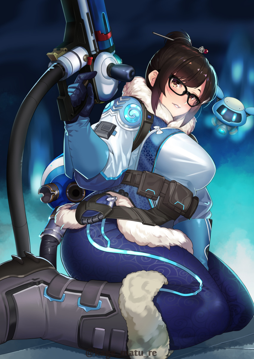 1girl bangs belt_pouch black-framed_eyewear black_legwear blue_gloves blurry blurry_background blush boots breasts brown_eyes canister coat commentary_request drone fur-trimmed_jacket fur_coat fur_trim glasses gloves hair_bun hair_ornament hair_stick highres holding holding_weapon ice_gun jacket kagematsuri looking_at_viewer medium_breasts mei_(overwatch) overwatch parka pouch robot seiza sitting snow_boots snowball_(overwatch) snowflake_hair_ornament solo swept_bangs thighs weapon winter_clothes winter_coat