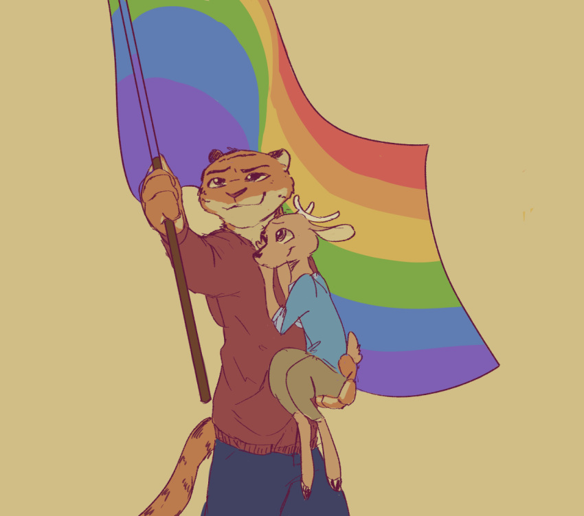 2019 anthro antlers barefoot black_ears cameron_(zootopia) carrying cervid clothed clothing disney duo fan_character felid flag holding_object horn ittybittykittytittys jamie_(zootopia) lgbt_pride male male/male mammal pantherine pride_colors rainbow_flag rainbow_flag_(pride) rainbow_symbol simple_background standing tiger yellow_background zootopia