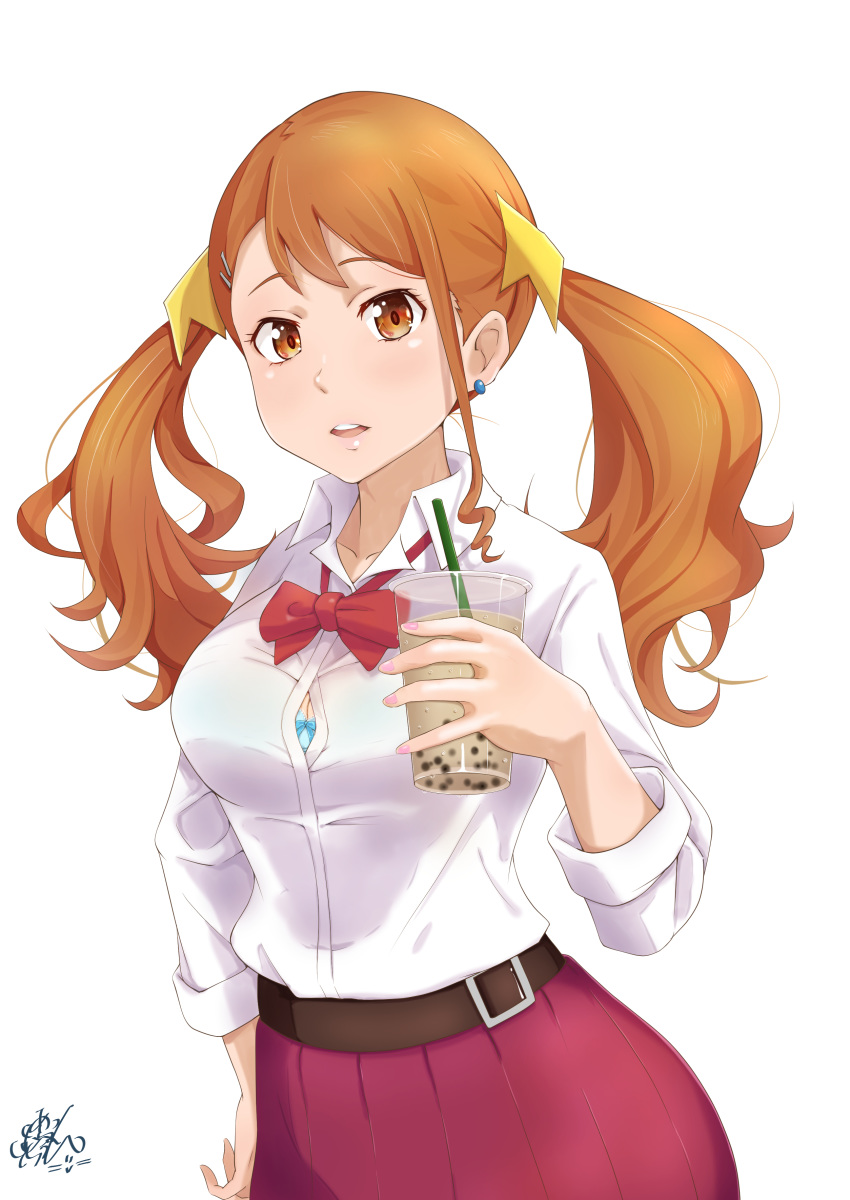 1girl absurdres anjou_naruko ano_hi_mita_hana_no_namae_wo_bokutachi_wa_mada_shiranai. arm_at_side blue_earrings bow bralines breasts brown_eyes brown_hair bubble_tea cleavage cup dragonoil drinking_straw earrings hair_ornament hairclip highres holding holding_cup jewelry looking_at_viewer medium_breasts open_mouth red_bow school_uniform see-through shirt simple_background skirt solo stud_earrings twintails uniform wet wet_clothes wet_shirt white_background white_shirt