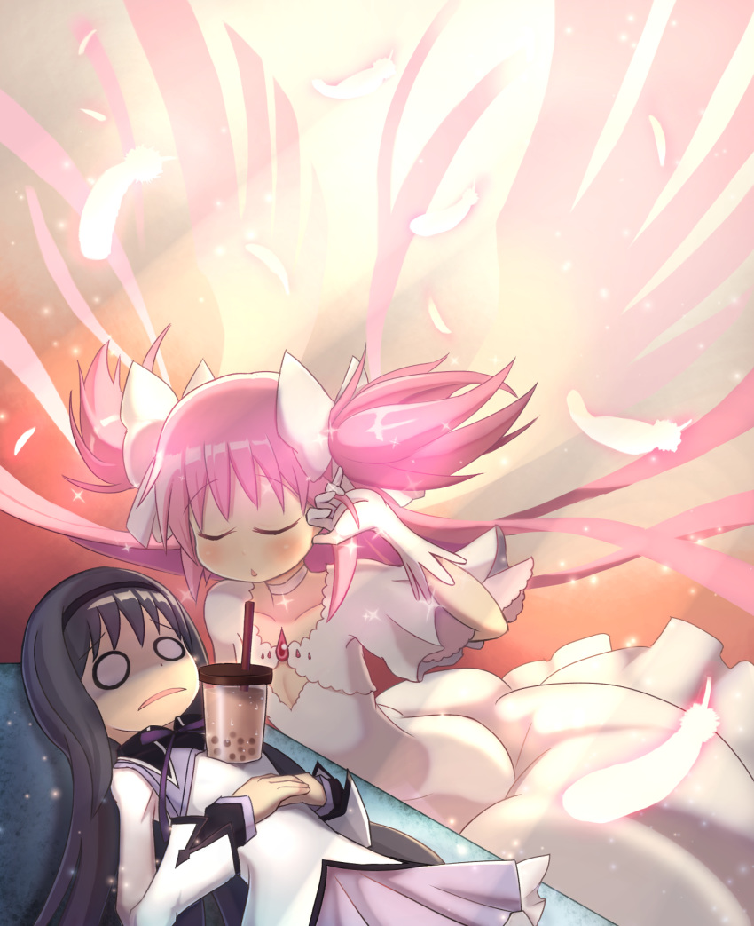 adjusting_hair akemi_homura black_hair black_headwear blank_eyes blush breasts capelet cleavage closed_eyes collar collarbone cup dress drinking_straw eyebrows_visible_through_hair feathers frilled_skirt frills frown gloves headband highres leaning_forward light_rays long_hair lying mahou_shoujo_madoka_magica mahou_shoujo_madoka_magica_movie majinhinata on_back pink_hair pleated_skirt skirt sparkle tea twintails ultimate_madoka very_long_hair white_dress white_gloves wings