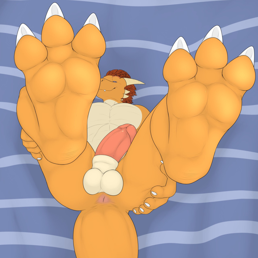 1:1 2019 3_toes 3dinoz 5_fingers anthro anus balls bed_sheet bedding bedroom_eyes blue_eyes brown_hair claws digitigrade dinosaur dromaeosaurid erection grin hair half-closed_eyes hand_on_butt hi_res horn humanoid_penis inviting looking_at_viewer male multicolored_skin nude orange_skin penis pink_penis presenting presenting_anus reptile scalie seductive smile solo theropod thick_penis toe_claws toes two_tone_skin velociraptor white_skin