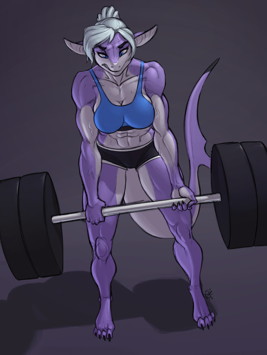3:4 absurd_res anthro bodily_fluids breasts clothed clothing exercise female fish hair hi_res ldr marine muscular muscular_female salvia_carhina shark simple_background solo standing sweat veiny_muscles weightlifting workout