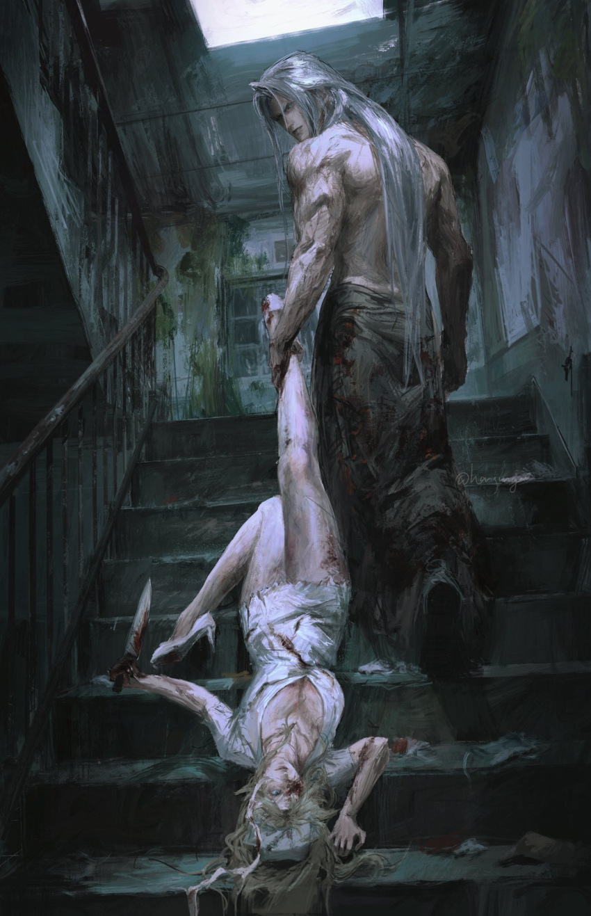 1boy 1girl blonde_hair blood breasts bubble_head_nurse bubble_head_nurse_(cosplay) cleavage cloud_strife cosplay dragging final_fantasy final_fantasy_vii genderswap genderswap_(mtf) hanjungen233 hashtag-only_commentary highres indoors knife leg_pull long_hair nurse_dress pulling pyramid_head pyramid_head_(cosplay) sephiroth silent_hill_(series) stairs walking white_hair