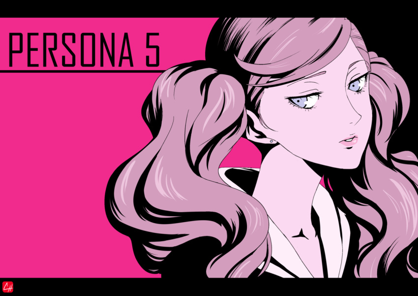 1girl brown_hair chris_re5 collarbone earrings floating_hair grey_eyes hood hood_down jewelry long_hair looking_at_viewer looking_to_the_side parted_lips persona persona_5 pink_background portrait shiny shiny_hair simple_background solo takamaki_anne twintails