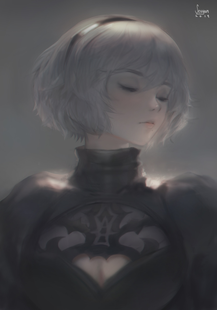 1girl 2019 absurdres artist_name black_dress black_hairband breasts cleavage cleavage_cutout closed_eyes dress hair_ornament hairband highres juliet_sleeves long_sleeves mole mole_under_mouth nier_(series) nier_automata no_blindfold portrait puffy_sleeves seuyan short_hair silver_hair solo yorha_no._2_type_b