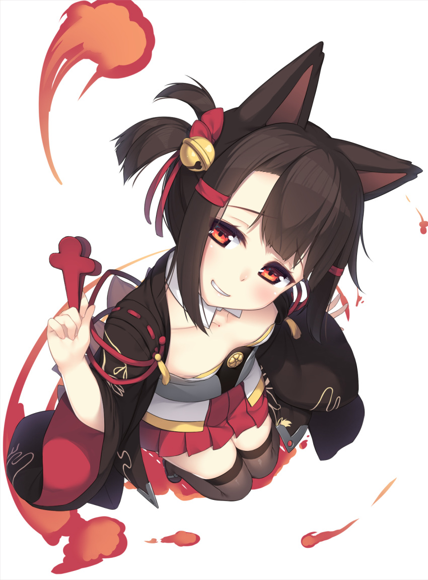 1girl akagi-chan_(azur_lane) animal_ears azur_lane bell between_fingers brown_hair brown_legwear collarbone commentary_request fox_ears grin hair_bell hair_ornament hair_ribbon hairclip head_tilt highres holding japanese_clothes jingle_bell kimono long_sleeves looking_at_viewer olive_(laai) open_clothes pleated_skirt red_ribbon red_skirt ribbon short_twintails sidelocks simple_background skirt smile solo strapless thighhighs twintails white_background white_kimono wide_sleeves