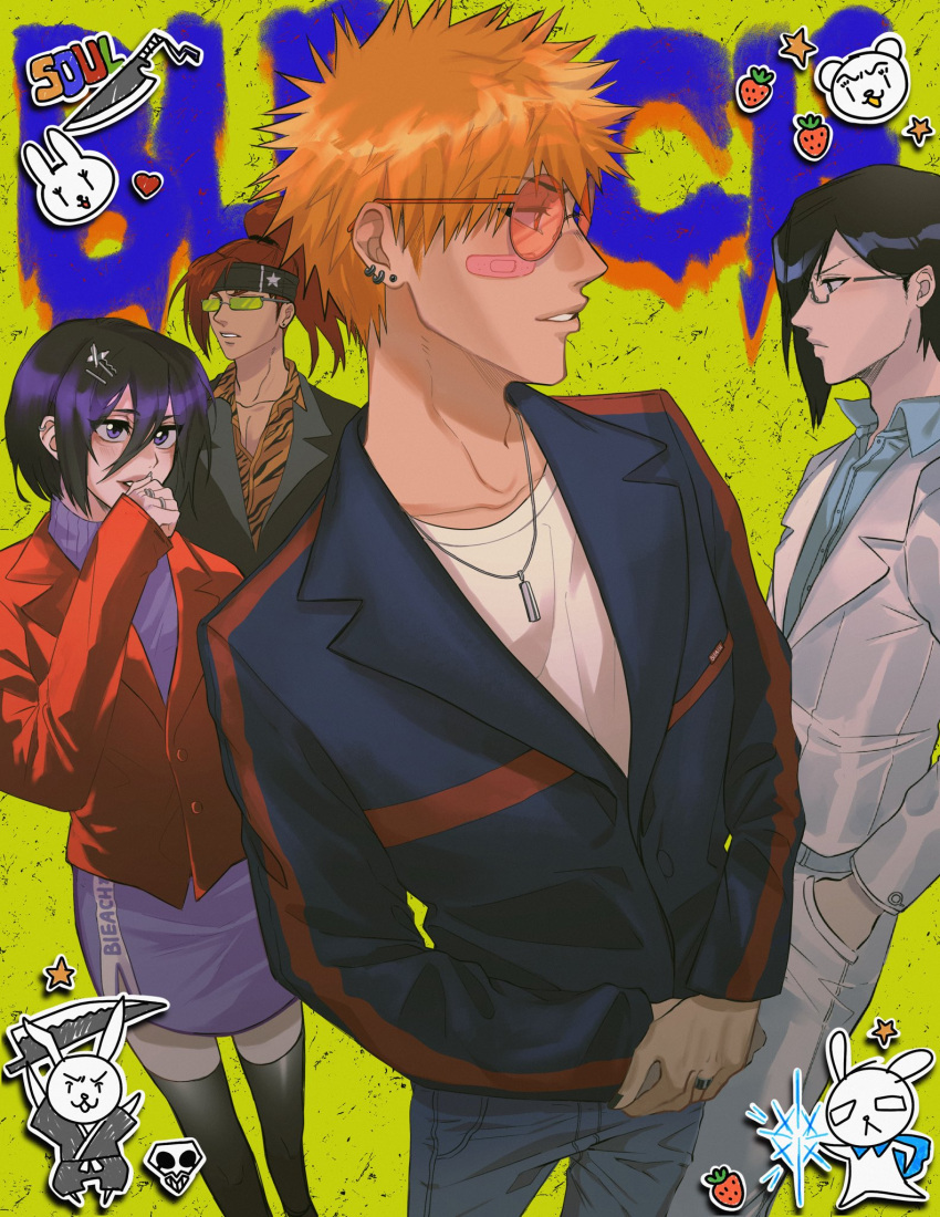 1girl 3boys abarai_renji animal_print bandaid bandaid_on_cheek bandaid_on_face black_hair black_jacket black_kimono bleach blue_shirt chappy collared_jacket collared_shirt copyright_name earrings glasses green-tinted_eyewear hair_between_eyes hair_ornament hairclip hand_in_pocket hand_to_own_mouth headband high_ponytail highres ishida_uryuu jacket japanese_clothes jewelry kimono kuchiki_rukia kurosaki_ichigo matchattrex multiple_boys necklace orange_hair own_hands_together parted_lips ponytail purple_eyes rabbit red-tinted_eyewear red_hair red_jacket ring shihakusho shirt skirt sweater thighhighs tiger_print tinted_eyewear turtleneck turtleneck_sweater white_jacket white_shirt zangetsu_(shikai)