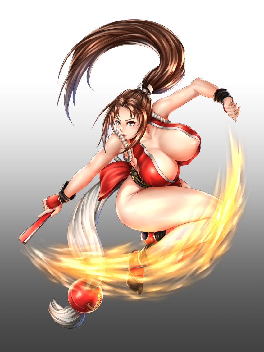 1girl areola_slip areolae bangs bare_shoulders breasts brown_eyes brown_hair cleavage closed_fan collarbone commentary_request fan fingernails fire folding_fan full_body gradient gradient_background high_ponytail highres holding japanese_clothes large_breasts lips long_hair ninja nyatokanyaru parted_lips ponytail revealing_clothes rope shiny shiny_hair shiny_skin shiranui_mai simple_background smile the_king_of_fighters thighs tied_hair