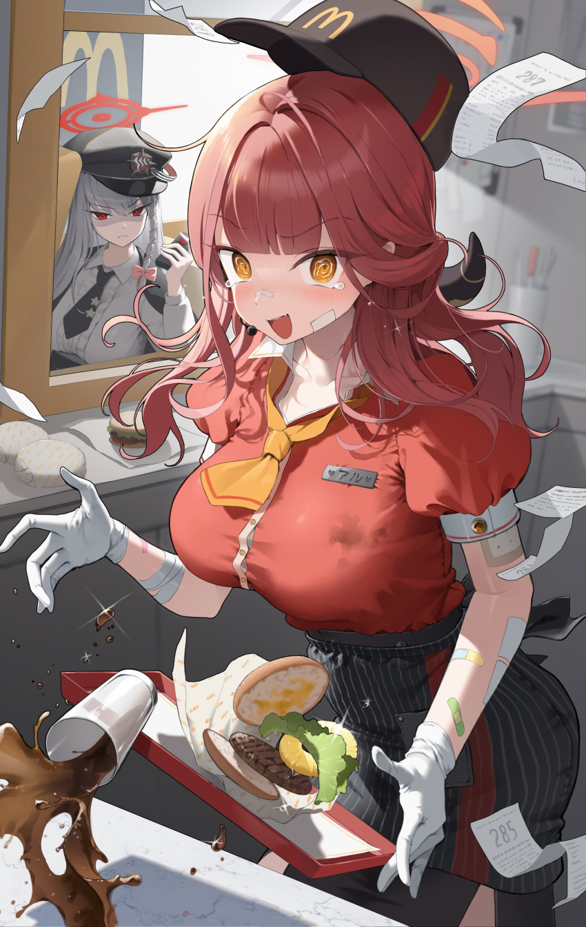 2girls @_@ absurdres apron aru_(blue_archive) bandaged_arm bandages bandaid bandaid_on_arm bandaid_on_cheek bandaid_on_face baseball_cap black_apron black_hat blue_archive blush breasts burger center_frills cola commentary demon_horns dress dropping duplicate fast_food food food_wrapper frills gloves grey_hair halo haruna_(blue_archive) hat highres horns jeon-eo_konoshiro large_breasts long_hair looking_at_another looking_at_viewer mcdonald's multiple_girls name_tag necktie open_mouth orange_halo peaked_cap pink_hair puffy_short_sleeves puffy_sleeves receipt red_dress red_eyes red_halo shaded_face short_necktie short_sleeves smile spill spilling tears v-shaped_eyebrows waist_apron white_gloves yellow_eyes