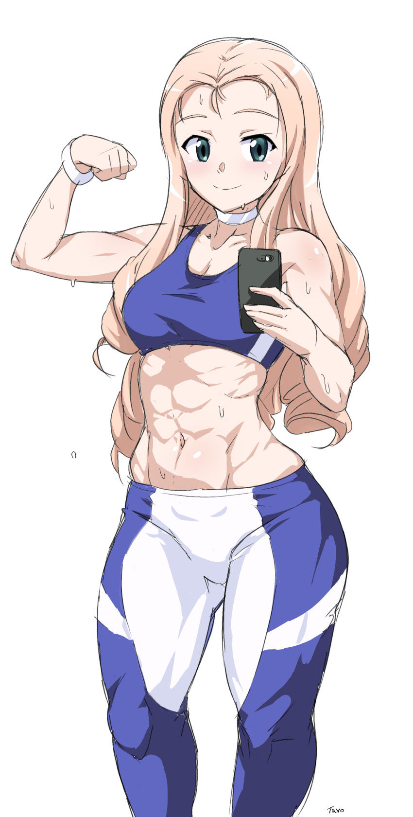 1girl abs absurdres artist_name blonde_hair blue_pants blue_sports_bra breasts cellphone choker cleavage closed_mouth commentary_request drill_hair flexing girls_und_panzer green_eyes groin highres holding holding_cellphone holding_phone long_hair looking_at_viewer marie_(girls_und_panzer) medium_breasts muscle muscular_female navel pants phone pose self_shot signature simple_background smartphone smile solo spandex sports_bra standing sweat tavor_(m_tavor) thighs white_background white_choker wristband