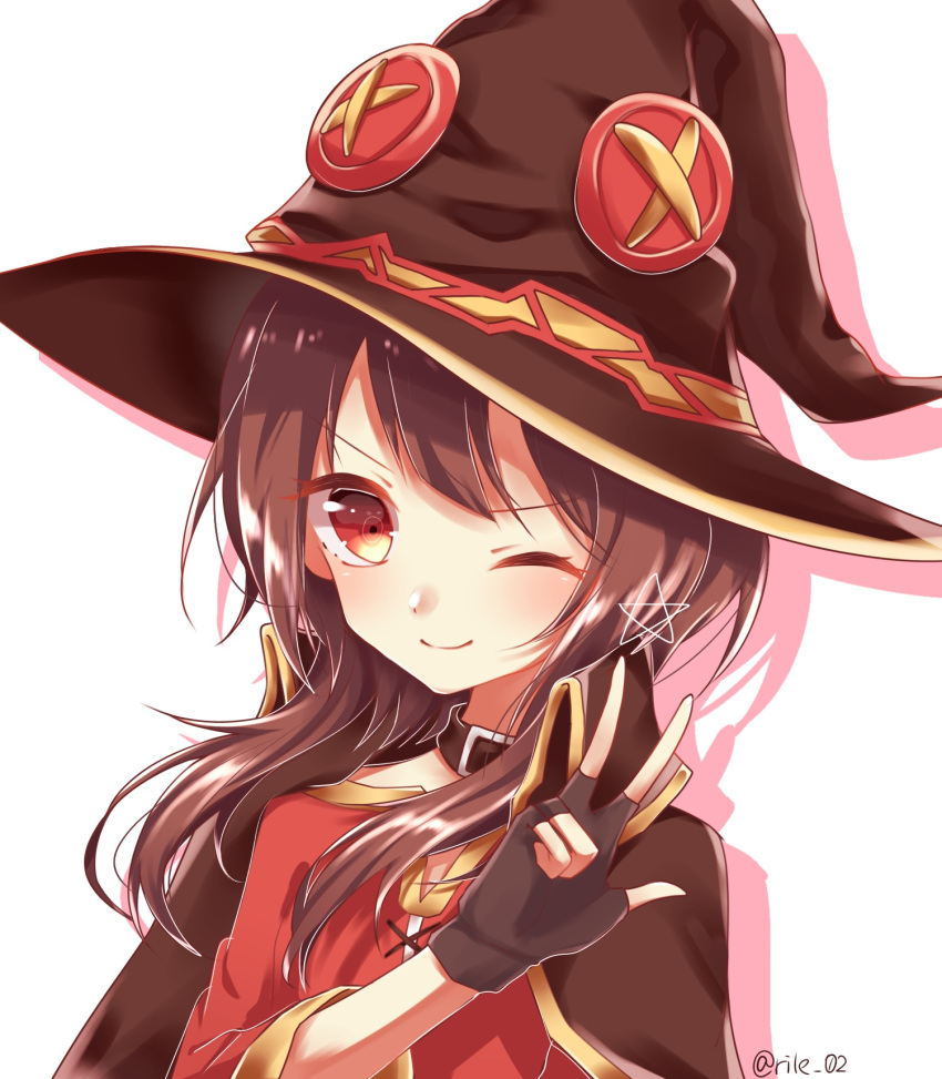 1girl ;) black_cape black_gloves brown_hair brown_headwear cape dress fingerless_gloves gloves hat highres kagamirror02 kono_subarashii_sekai_ni_shukufuku_wo! long_hair looking_at_viewer megumin one_eye_closed open_mouth red_dress red_eyes shadow shiny shiny_hair simple_background smile solo twitter_username upper_body w white_background witch_hat