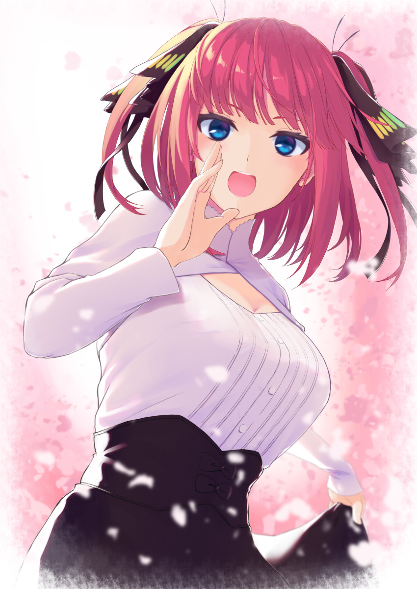 1girl :d absurdres black_bow black_skirt blue_eyes bow breasts butterfly_hair_ornament cleavage cleavage_cutout commentary_request go-toubun_no_hanayome hair_ornament hand_up highres large_breasts long_hair long_sleeves looking_at_viewer nakano_nino open_mouth pink_hair sae^2 shirt skirt skirt_hold smile solo two_side_up underbust upper_body white_shirt