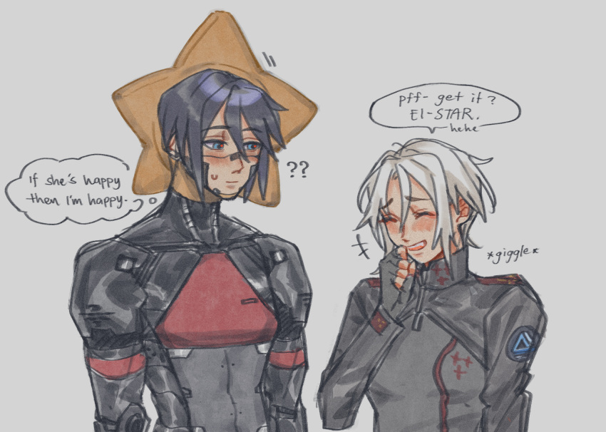 +++ 2girls ? ?? android ariane_yeong black_gloves black_hair black_jacket blue_eyes blush commentary elster_(signalis) english_commentary fingerless_gloves gloves hand_up hat jacket laughing metal_skin multiple_girls open_mouth pun red_pupils short_hair signalis simple_background skin_seams smile speech_bubble star-shaped_hat strixzstx thought_bubble upper_body white_background white_hair yuri