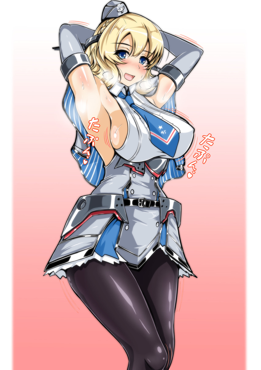 1girl absurdres anchor armpits black_gloves black_legwear blonde_hair blue_eyes blue_neckwear breasts capelet colorado_(kantai_collection) commentary_request cowboy_shot dress elbow_gloves garrison_cap gloves gradient gradient_background grey_dress hat headgear highres kantai_collection large_breasts looking_at_viewer necktie pantyhose pleated_dress red_background sangyou_haikibutsu_a shirt short_hair side_braids sideboob sleeveless solo standing steam white_background white_shirt