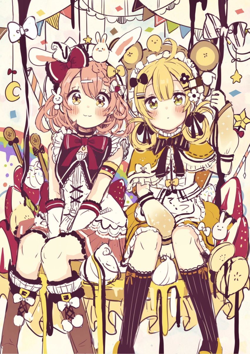 2girls :3 ahoge animal animal_ears animal_hat animal_on_head banana banana_slice bangs bear_ears bear_hat between_legs black_legwear blonde_hair blush boots bow brown_eyes brown_footwear brown_hair brown_skirt bunny bunny_ears bunny_hat bunny_on_head closed_mouth commentary_request crescent eyebrows_visible_through_hair fake_animal_ears feet_out_of_frame food fruit gloves green_eyes hair_between_eyes hair_bow hand_between_legs hat highres knee_boots kneehighs multiple_girls on_head original pancake pennant pleated_skirt red_bow ribbon-trimmed_capelet ribbon_trim sakura_oriko shirt sitting skirt smile star string_of_flags whipped_cream white_bow white_gloves white_headwear white_shirt yellow_capelet