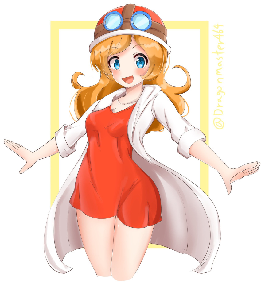 blue_eyes blush dress eyeliner ginger goggles goggles_on_head goggles_on_headwear helmet highres labcoat maccha_pudding_(dragonmaster464) makeup medium_hair mona_(warioware) motorcycle_helmet outstretched_arms red_dress red_hair short_dress smile smile_face thighs warioware white_background white_coat