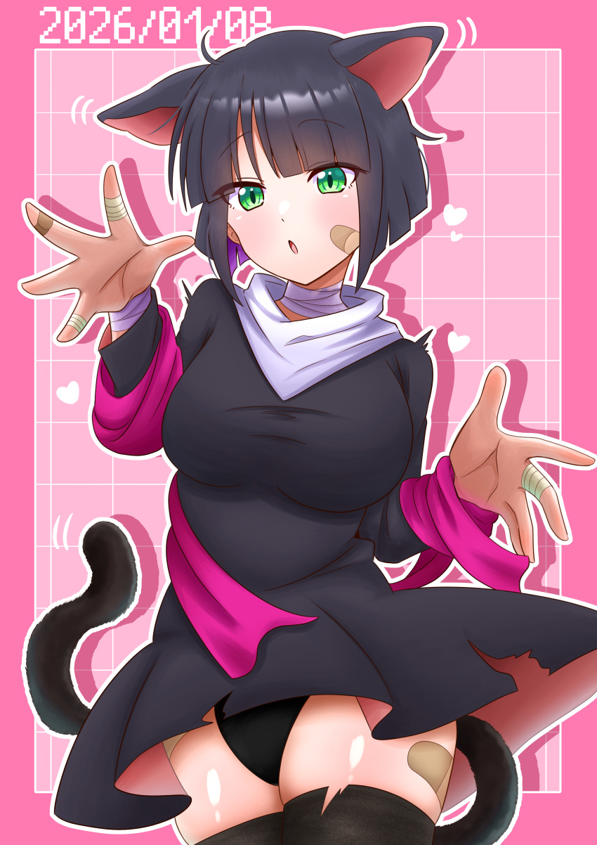 1girl 2026 absurdres animal_ears bandaged_fingers bandaged_neck bandages bandaid bandaid_on_cheek bandaid_on_face bandaid_on_finger bandaid_on_hand bandaid_on_thigh black_dress black_hair black_panties black_tail black_thighhighs border cat_ears cat_girl cat_tail commentary_request cowboy_shot dated dress green_eyes heart highres jikkyou_powerful_pro_yakyuu outline outside_border panties pantyshot pink_background pink_border power_pro_kun_pocket power_pro_kun_pocket_7 serizawa_mao short_hair solo tail thighhighs underwear user_rvkm7424 white_outline