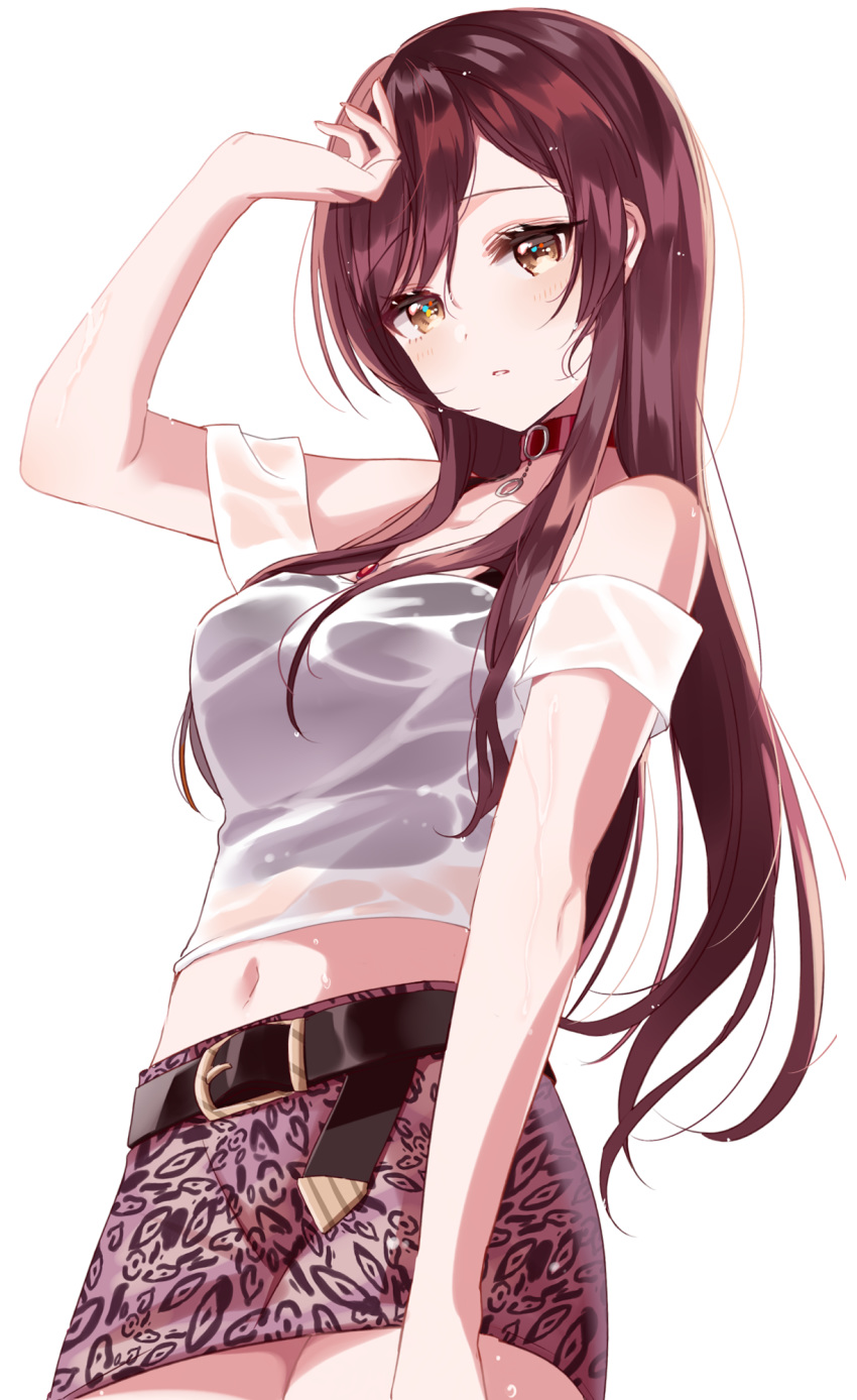 1girl arm_up bangs bare_shoulders belt belt_buckle black_belt blush brown_eyes brown_hair brown_skirt buckle commentary_request eyebrows_visible_through_hair fingernails hair_between_eyes highres idolmaster idolmaster_shiny_colors long_hair looking_at_viewer midriff misumi_(macaroni) navel oosaki_amana parted_lips print_skirt see-through shirt simple_background skirt solo very_long_hair wet wet_clothes wet_shirt white_background white_shirt