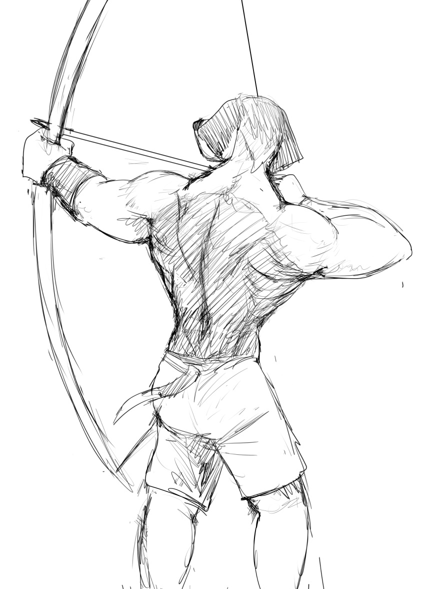 2019 ambiguous_gender armor arrow back_muscles bottomwear bow_(weapon) bracers canid canine canis clothed clothing domestic_dog foxhound hi_res hladilnik hunting_dog mammal monochrome muscular ranged_weapon rear_view scent_hound shorts sketch topless weapon