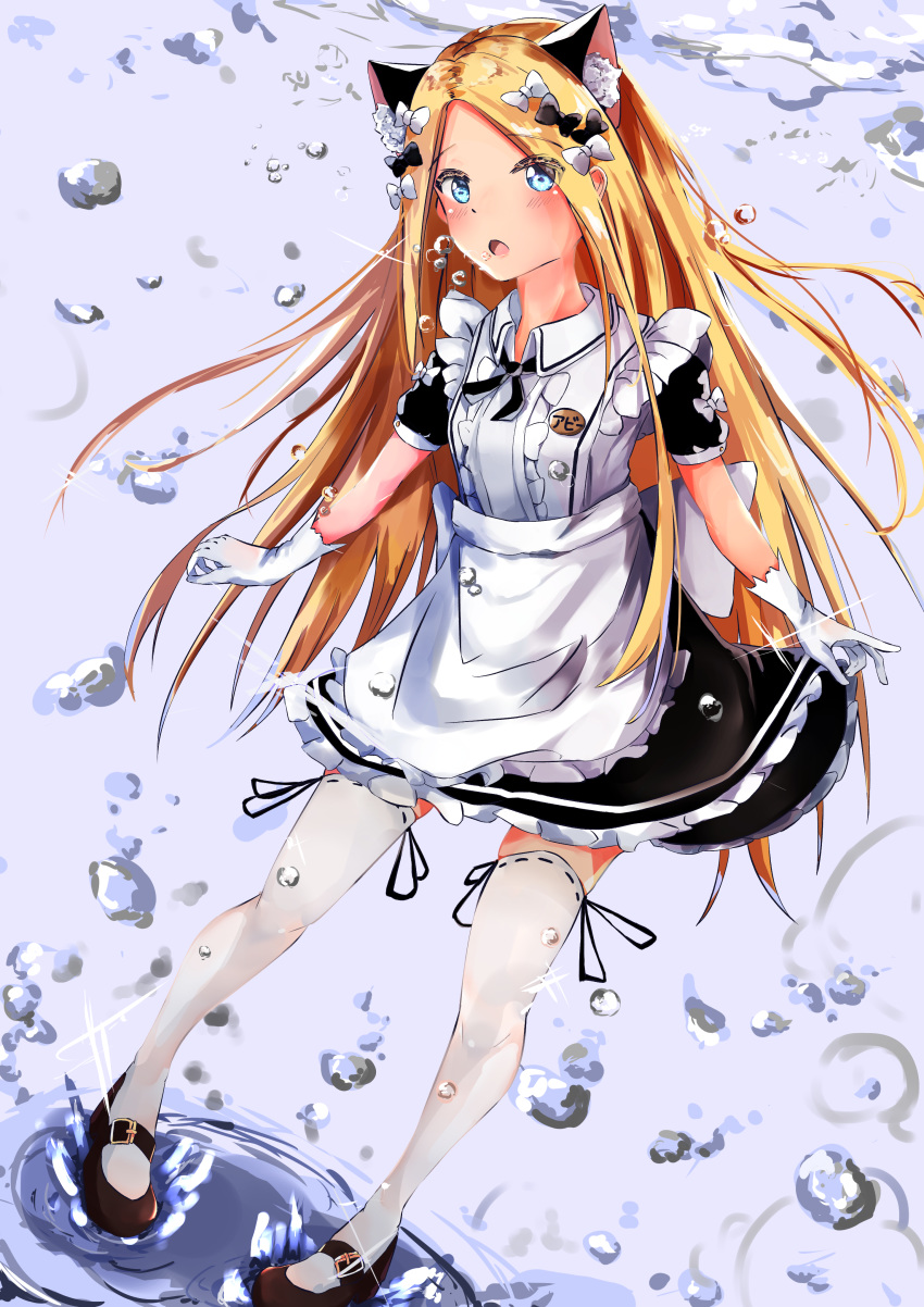 1girl abigail_williams_(fate/grand_order) absurdres alternate_costume animal_ears apron bangs black_bow black_dress blonde_hair blue_eyes blush bow breasts cat_ears dress enmaided fate/grand_order fate_(series) forehead frills gloves hair_bow highres long_hair looking_at_viewer maid minertime open_mouth parted_bangs short_sleeves small_breasts solo water white_bow white_gloves white_legwear