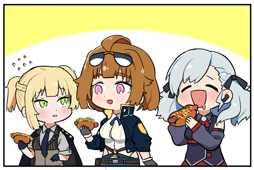 3girls ^_^ ^o^ absurdres bare_shoulders belt black_gloves blush braid breasts chibi closed_eyes detached_sleeves drooling earpiece eyebrows_visible_through_hair eyewear_on_head flying_sweatdrops girls_frontline gloves green_eyes grizzly_mkv_(girls_frontline) highres hot_dog jacket jacket_on_shoulders long_hair multiple_girls necktie nemomo purple_eyes short_hair spas-12_(girls_frontline) sunglasses thick_eyebrows twintails two_side_up vest welrod_mk2_(girls_frontline)