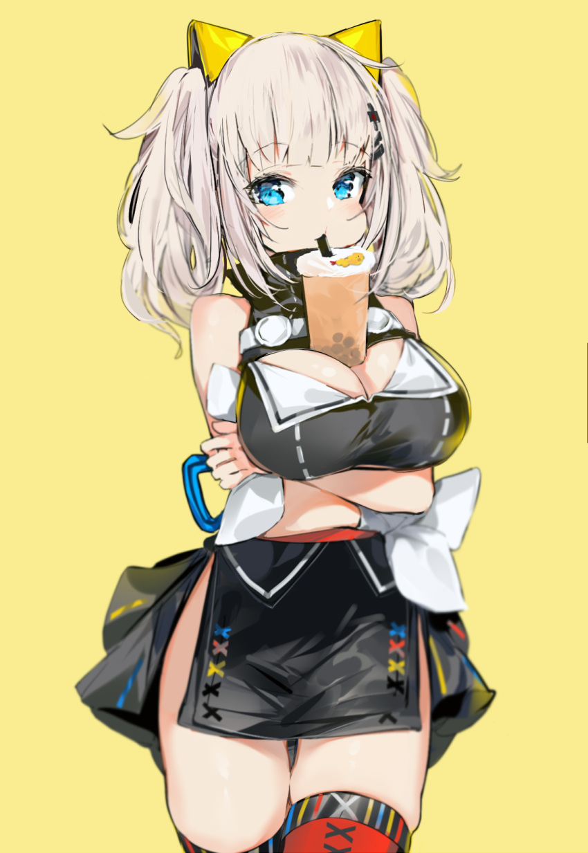1girl arms_under_breasts bangs bare_shoulders black_dress blue_eyes blush breast_hold breasts bubble_tea bubble_tea_challenge cleavage cleavage_cutout closed_mouth cowboy_shot cup disposable_cup dress drinking drinking_straw eyebrows_visible_through_hair hair_ornament hairclip highres kaguya_luna large_breasts long_hair obi object_on_breast red_legwear sash silver_(chenwen) silver_hair simple_background sleeveless sleeveless_dress solo the_moon_studio thighhighs twintails virtual_youtuber yellow_background