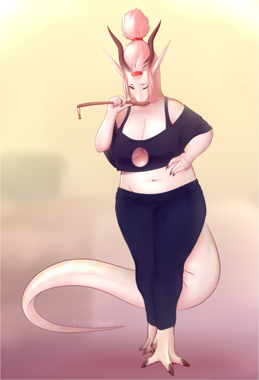 absurd_res anthro barefoot bottomwear breasts cleavage clothed clothing collarbone cutlery dragon female full-length_portrait hair hand_on_hip hi_res horn imori kitchen_utensils light_scales long_horn navel one_eye_closed pants pink_hair portrait pustyxox red_eyes scales scalie simple_background slightly_chubby spoon tan_scales tied_hair tools topwear