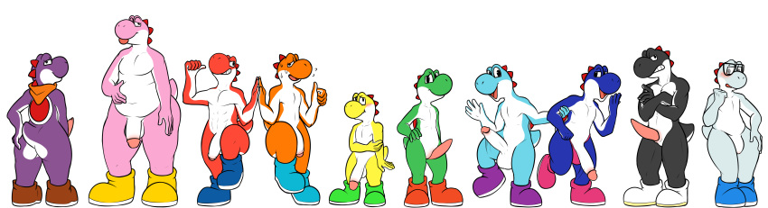 2019 absurd_res animal_genitalia animal_penis anthro balls black_yoshi blue_yoshi blush bodily_fluids boots butt clothing cyan_yoshi digital_media_(artwork) erection eyewear footwear green_yoshi group hi_res humanoid_penis looking_at_viewer male male/male mario_bros muscular muscular_male nintendo open_mouth orange_yoshi overweight overweight_male pecs penis pink_yoshi purple_yoshi red_yoshi reptile scalie secrets-from-dark simple_background size_difference smile standing sweat tongue tongue_out video_games white_background white_yoshi yellow_yoshi yoshi