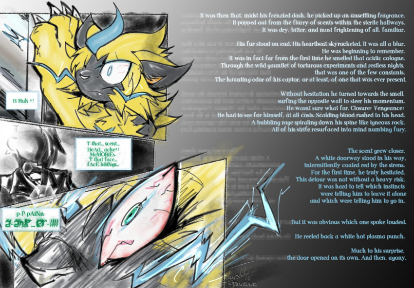 2018 angry blue_eyes claws clothed clothing comic english_text felid feline fur human legendary_pok&eacute;mon male mammal nintendo pok&eacute;mon pok&eacute;mon_(species) story surprise text thwillartz video_games wide_eyed yanuna zeraora