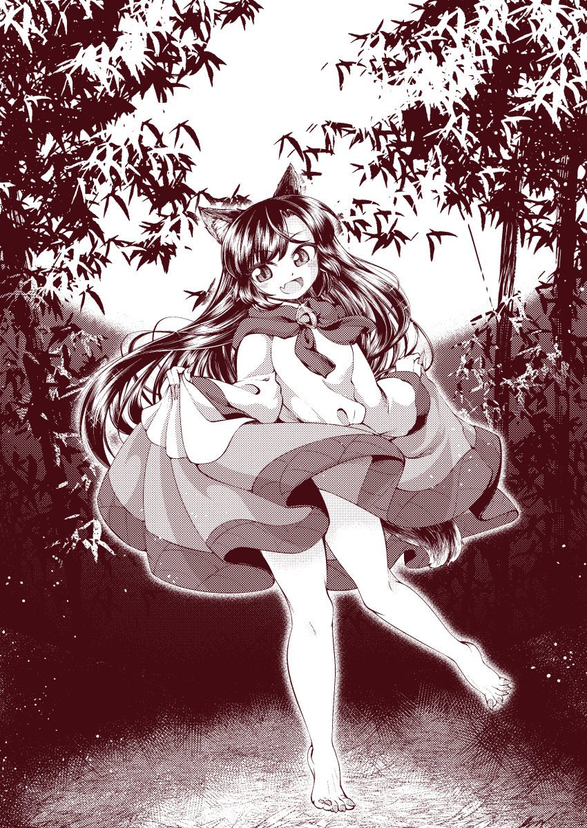 0-den 1girl :d absurdres animal_ears bamboo barefoot brooch commentary_request dress fang full_body highres imaizumi_kagerou jewelry long_hair long_sleeves monochrome moon neckerchief open_mouth skirt_hold smile tail touhou wolf_ears wolf_tail
