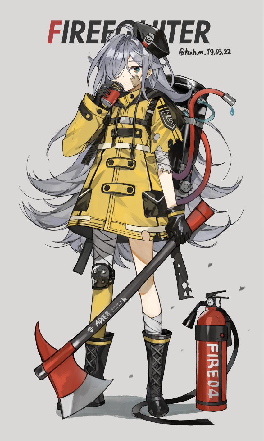 1girl absurdres axe backpack bag bandaged_arm bandaged_leg bandages bandaid bandaid_on_face bangs black_footwear black_gloves black_headwear boots can closed_mouth coat drink eyebrows_visible_through_hair fire_axe fire_extinguisher firefighter full_body gloves gompang grey_background hair_over_one_eye hat highres holding holding_axe hose knee_pads long_hair long_sleeves messy_hair original pocket silver_hair solo standing torn_clothes torn_sleeve twitter_username water weapon yellow_coat
