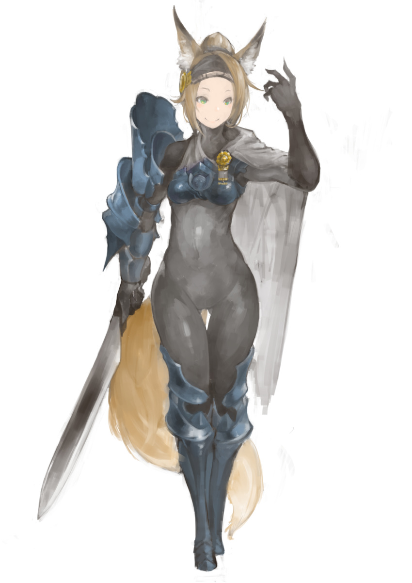 1girl animal_ears armor blush bodysuit cloak closed_eyes covered_navel fox_ears fox_tail gloves greaves green_eyes headband highres holding holding_sword holding_weapon n9+ navel original pauldrons short_hair simple_background solo sword tail tight vambraces weapon white_background