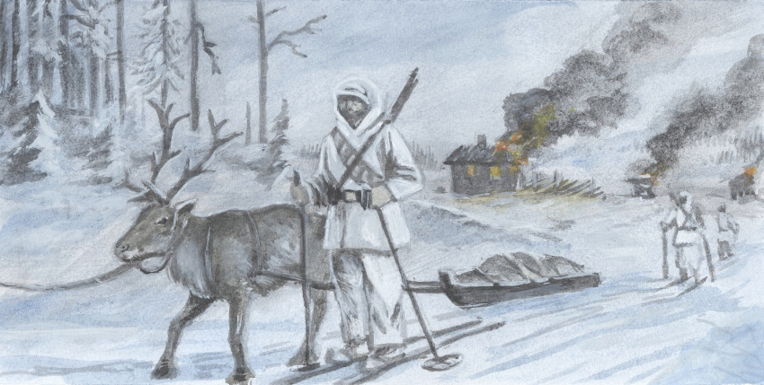 200:101 antlers capreoline cervid clothed clothing detailed_background duo_focus feral fire fully_clothed gloves group gun handwear hi_res horn human mammal quadruped ranged_weapon reindeer rifle skiing sky smoke snow traditional_media_(artwork) tree tuomas_koivurinne weapon