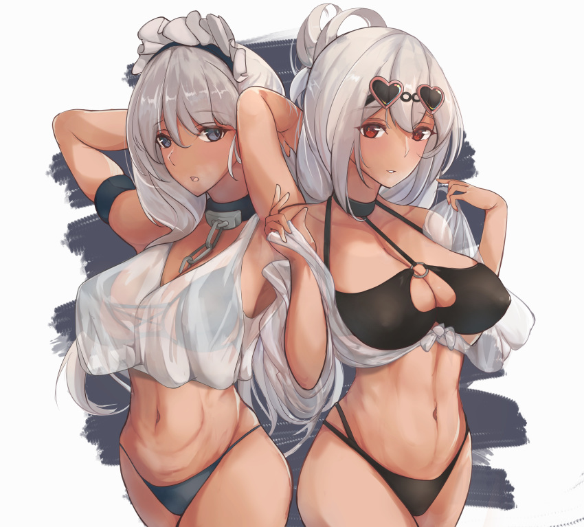 2girls absurdres arms_behind_head azur_lane bangs belfast_(azur_lane) bikini black_bikini blue_bikini blue_eyes blush braid breasts breathing chain choker cleavage collar collarbone cowboy_shot crop_top eyebrows_visible_through_hair eyewear_on_head folded_ponytail french_braid hair_between_eyes hands_up heart heart-shaped_eyewear highres large_breasts long_hair looking_at_viewer maid_headdress multiple_girls navel o-ring o-ring_top off_shoulder open_mouth parted_lips red_eyes see-through short_hair silver_hair sirius_(azur_lane) sirius_(midsummer_seirios)_(azur_lane) smile sunglasses swimsuit tan toned white_hair yusha_(m-gata)
