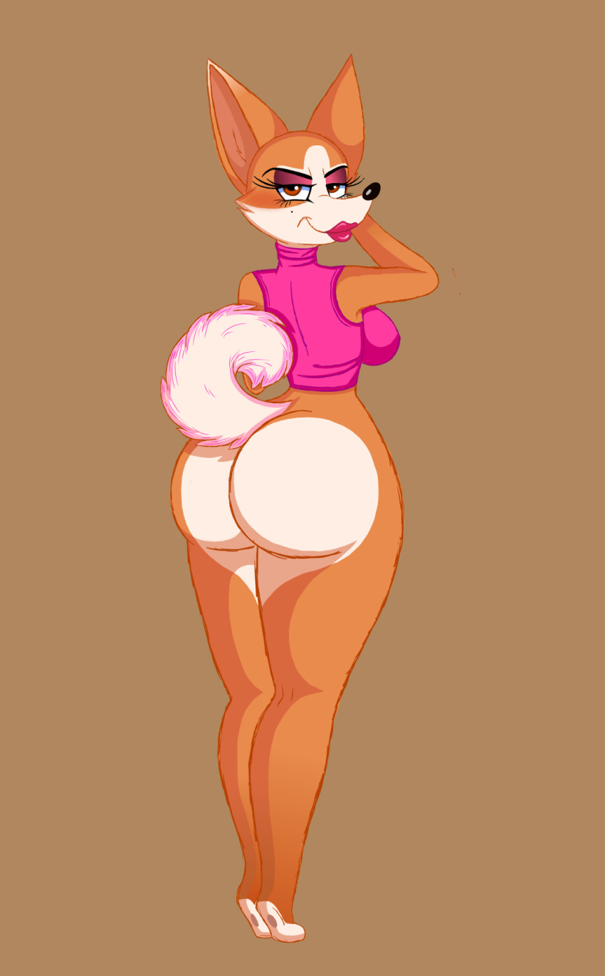 anthro anthrofied big_butt bottomless breasts brown_eyes butt canid canine canis clothed clothing cocaine-leopard domestic_dog female herding_dog hi_res lipstick makeup mammal mature_female mitzi_(the_queen's_corgi) pastoral_dog rear_view side_boob smile solo the_queen's_corgi top welsh_corgi wide_hips