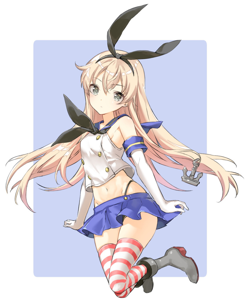 anchor_hair_ornament black_hairband black_panties blonde_hair blue_background blue_skirt border breasts closed_mouth commentary_request crop_top elbow_gloves eyebrows_visible_through_hair full_body gloves grey_eyes hair_ornament hairband highleg highleg_panties highres kantai_collection long_hair microskirt miniskirt navel panties rudder_footwear sailor_collar school_uniform serafuku shimakaze_(kantai_collection) shiosoda skirt small_breasts striped striped_legwear thighhighs thong underwear white_border white_gloves