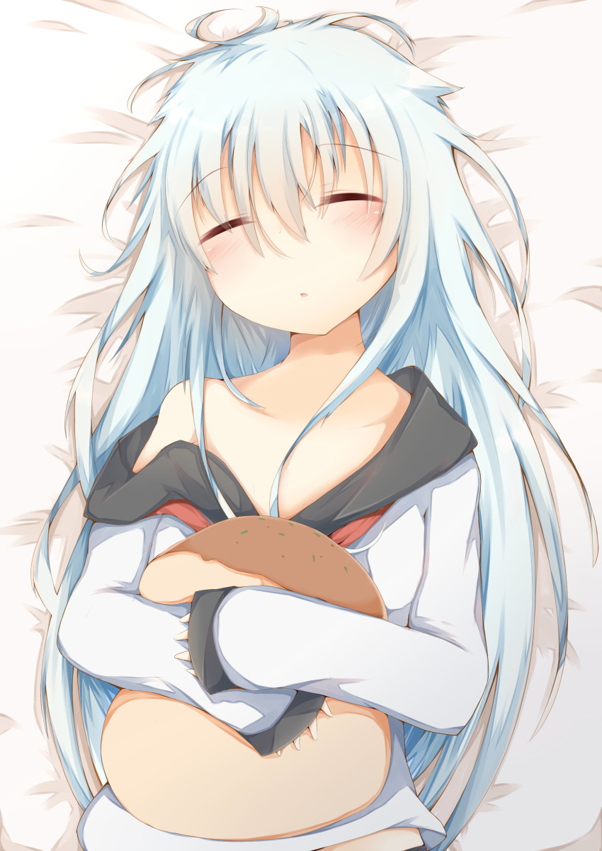 1girl absurdres bare_shoulders closed_eyes commentary_request food hibiki_(kantai_collection) highres kantai_collection long_hair lying messy_hair no_hat no_headwear off_shoulder on_back pillow pillow_hug silver_hair skirt sleeping solo sorahachi_(sora823) takoyaki upper_body