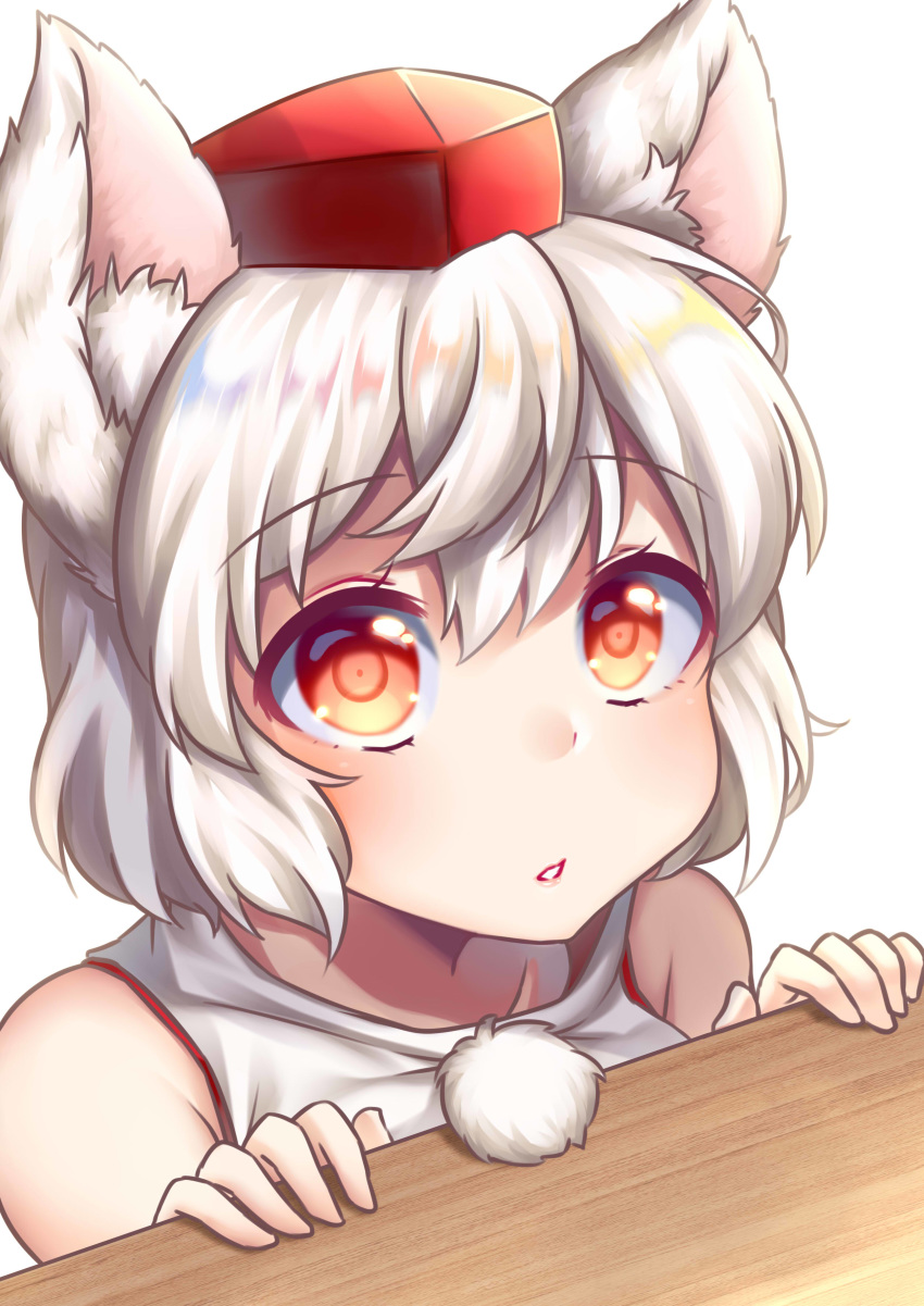 1girl absurdres animal_ear_fluff animal_ears bare_shoulders collarbone eyebrows_visible_through_hair hat highres inubashiri_momiji lips looking_up open_mouth pom_pom_(clothes) red_eyes shirt short_hair silver_hair simple_background solo tokin_hat touhou turtleneck uissu upper_body white_background white_shirt wolf_ears