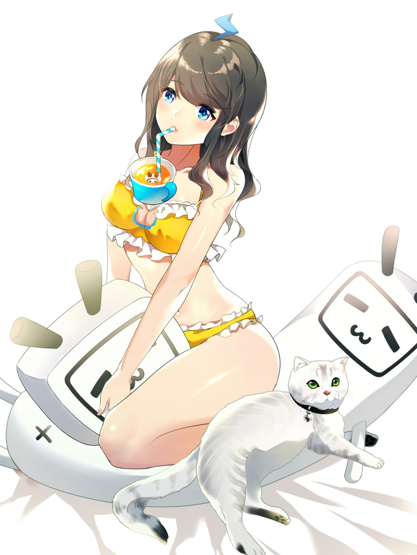 1girl animal bangs bare_arms bare_shoulders bed_sheet bendy_straw bikini bilibili_douga blue_eyes blush breasts brown_hair bubble_tea_challenge cat cleavage cleavage_cutout closed_mouth collarbone commentary cup drink drinking drinking_straw eyebrows_visible_through_hair frilled_bikini frills green_eyes hair_ornament highres long_hair medium_breasts navel original solo swimsuit symbol_commentary thighs white_background white_cat xianguang yellow_bikini